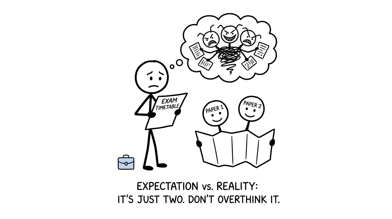 A student discovers that the intimidating exam monster has only two paper heads