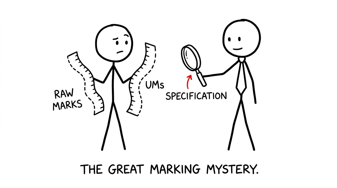 A student comparing raw-mark and UMS rulers with help from a specification