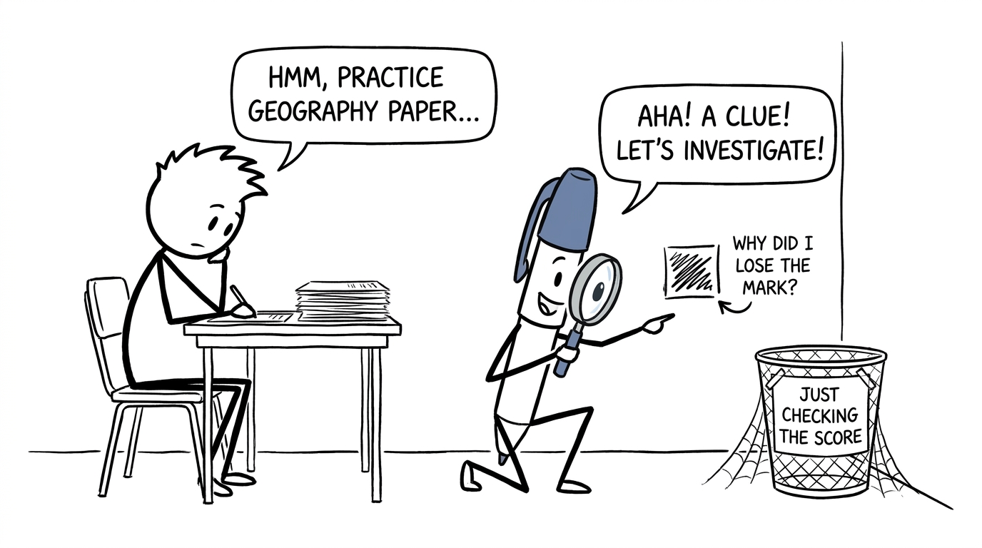 A detective red pen investigates why a mark disappeared from a geography practice paper