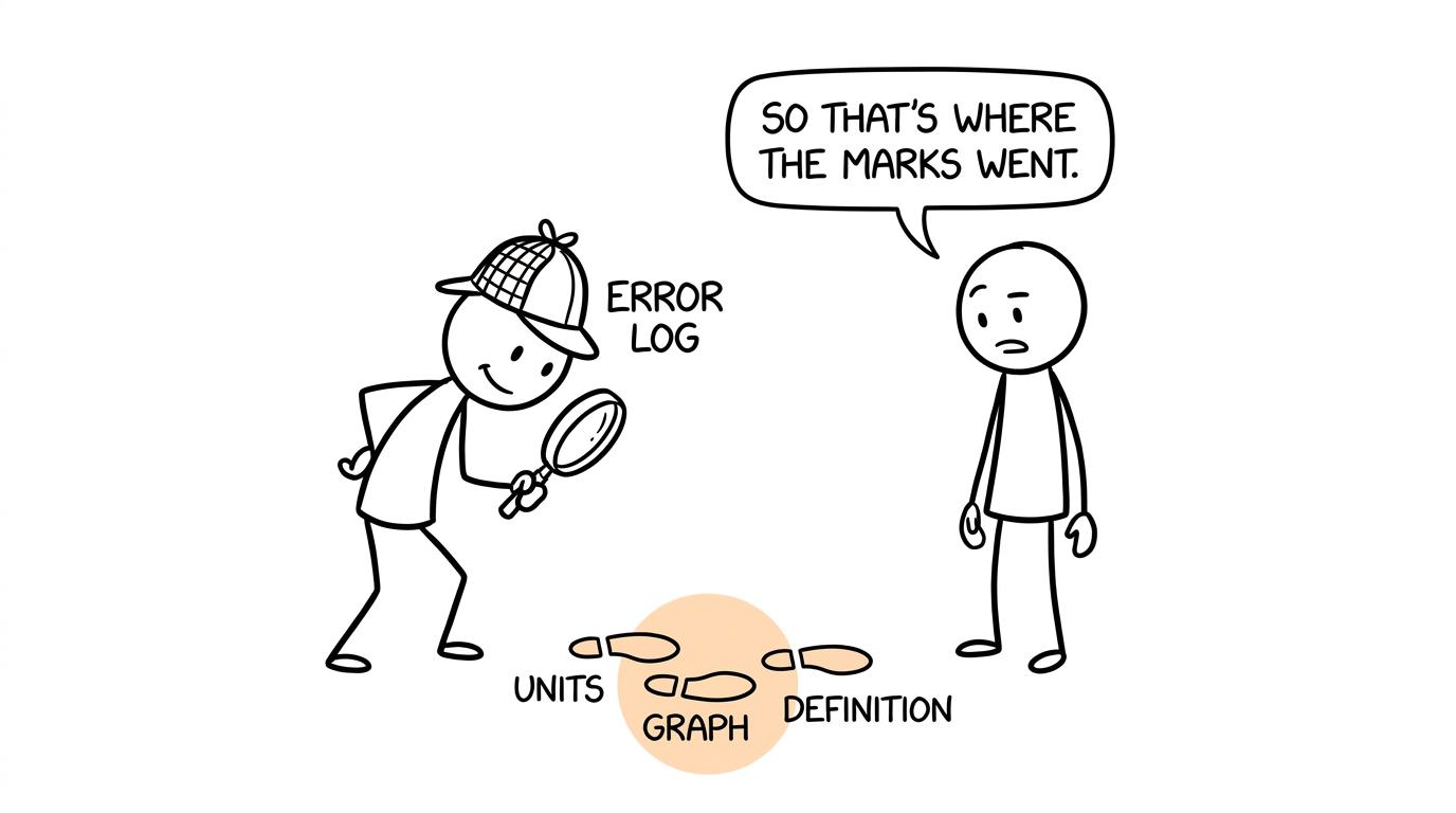 A detective-style error log discovers where units, graph and definition marks disappeared