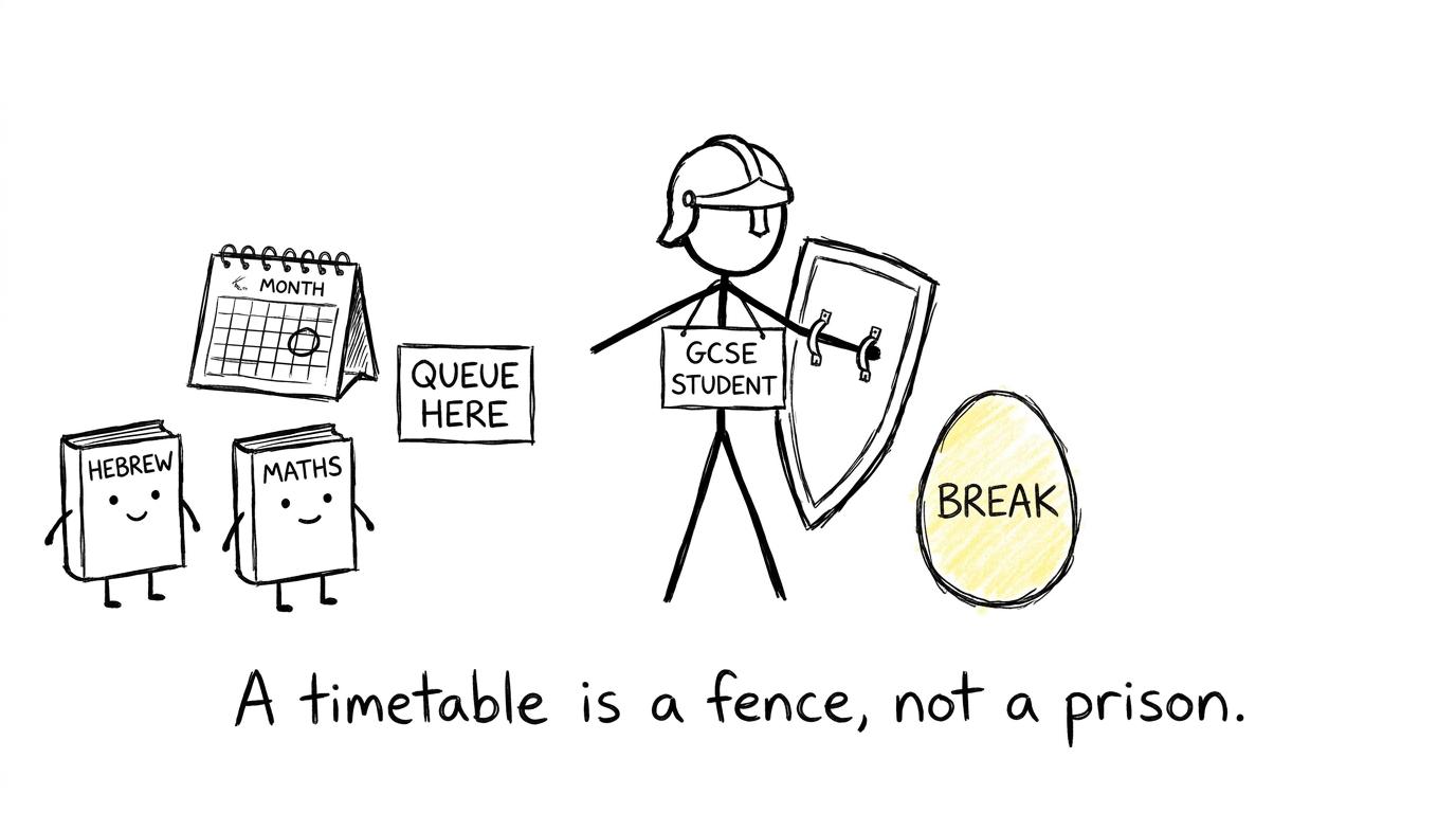A student protects an Easter break while revision books queue beside a calendar