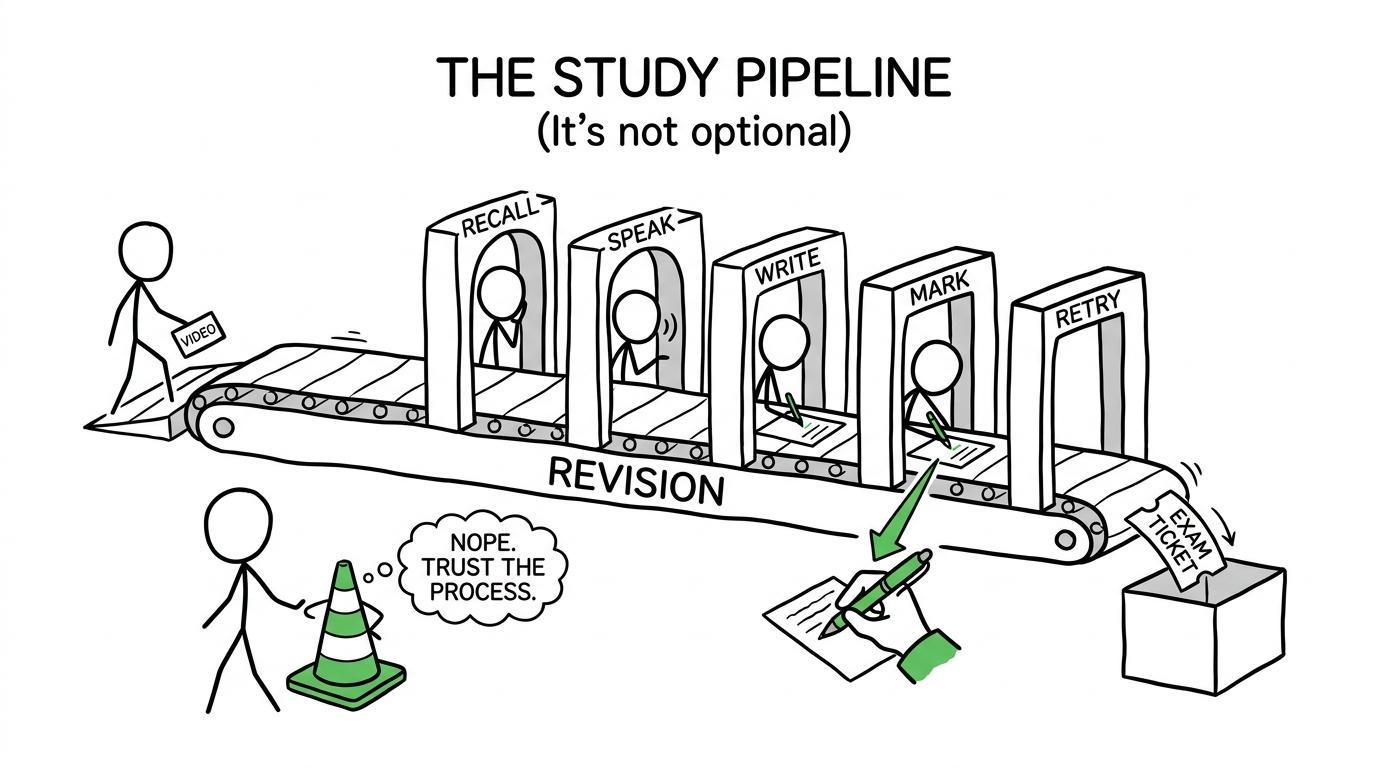 A revision conveyor belt turns watching into recall, speaking, writing, marking and retrying