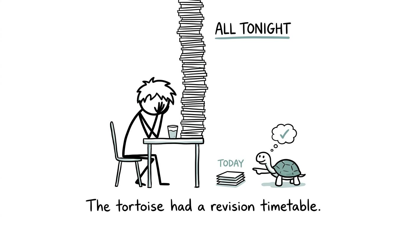 A tortoise recommends the smaller, sustainable stack of revision cards