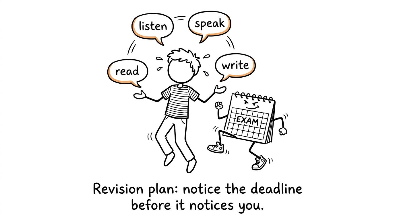 A revision calendar quietly catches up with a student juggling four language skills