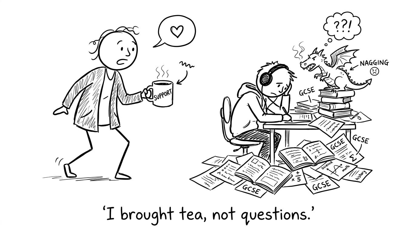 A parent arrives with tea, not questions