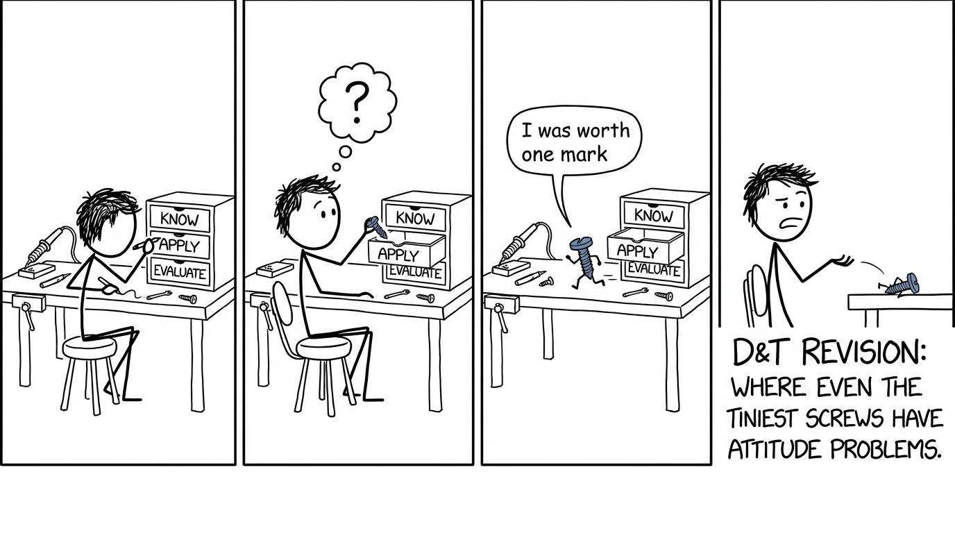 A student sorting Design and Technology knowledge while a runaway screw claims it was worth a mark