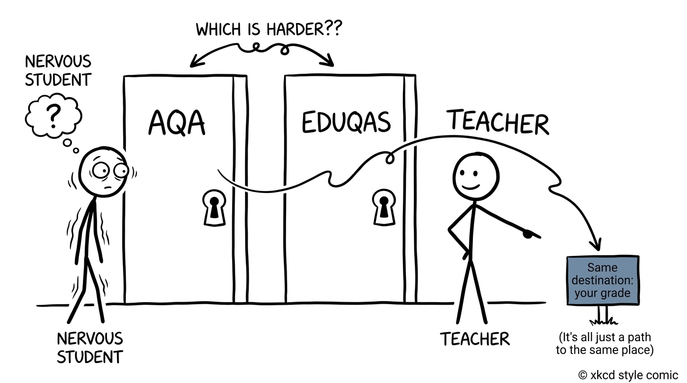 A GCSE student comparing AQA and Eduqas doors leading towards the same grade