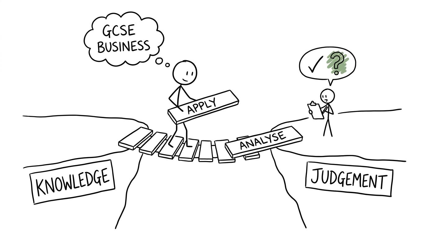 A stick-figure student builds a bridge between business knowledge and judgement