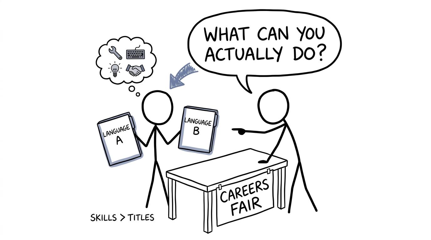 An employer asking what a student can actually do rather than judging two language labels