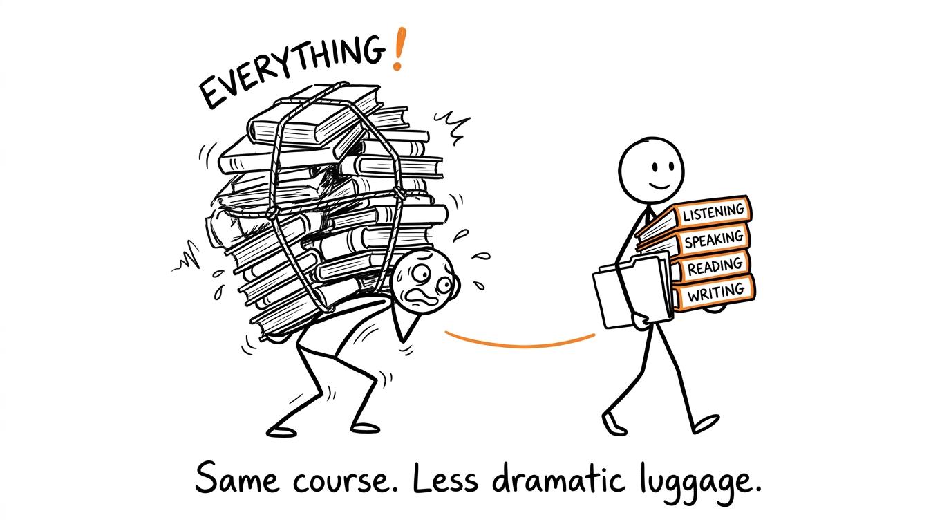 One student carrying everything while another organises revision into four manageable skill folders