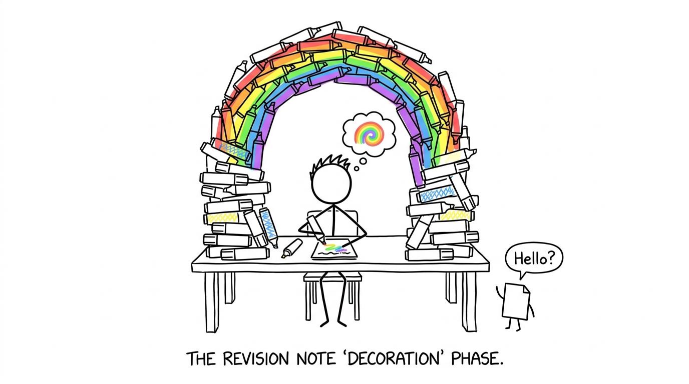 A student surrounded by highlighters while a practice paper waits for attention