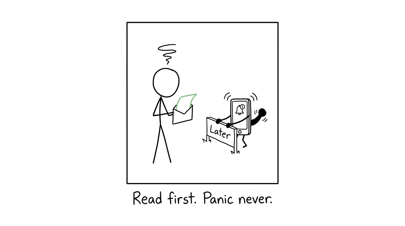 A calm student reads the envelope while noisy phone notifications wait behind a barrier