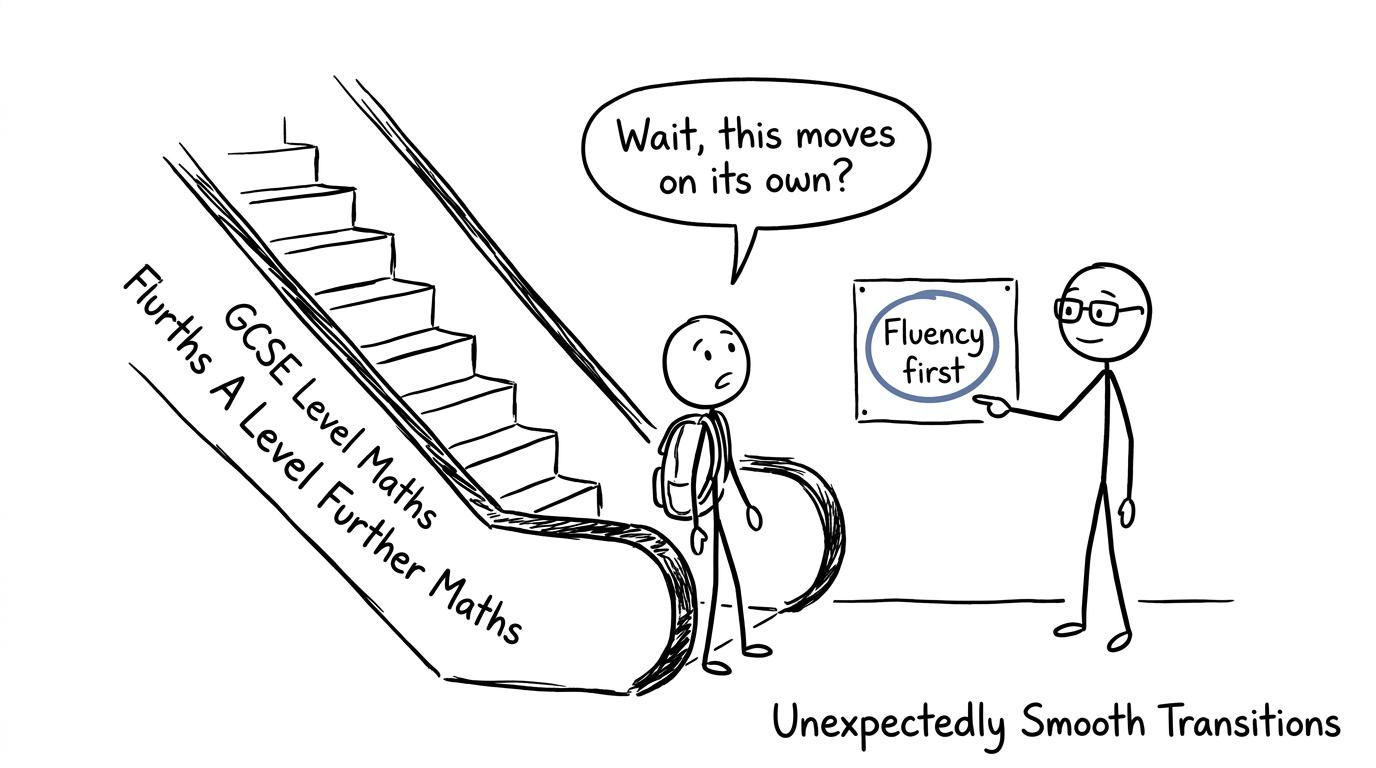 A student discovering that the route from GCSE Further Maths to A Level Further Maths is an unexpectedly moving staircase