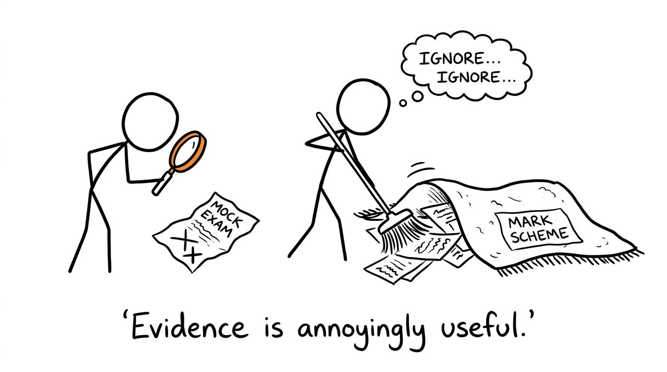 A student investigates mistakes while someone hides them beneath the mark-scheme rug