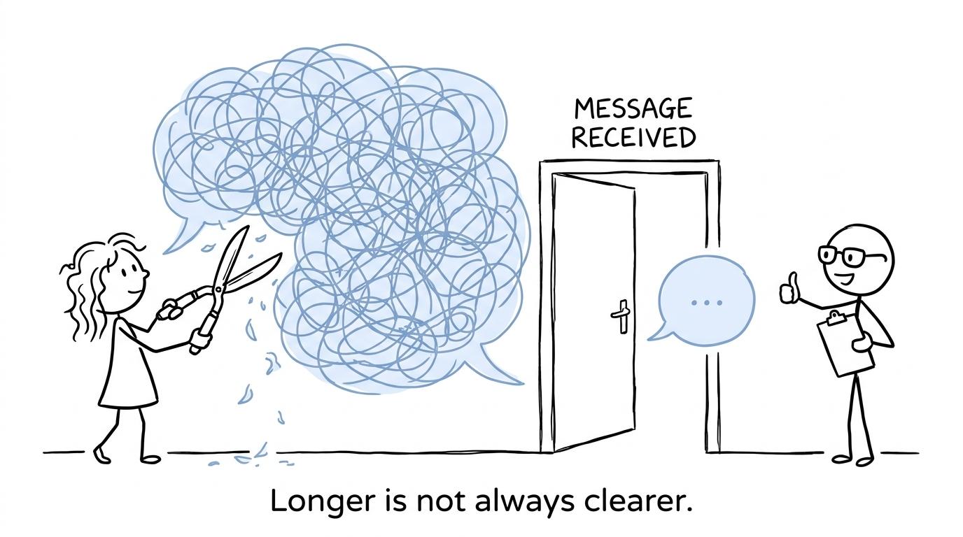 A student trimming an enormous speech bubble into one clear message