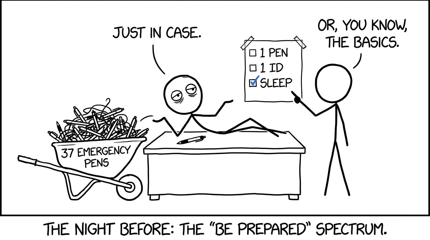 A student discovers that sensible exam packing needs fewer emergency pens than expected