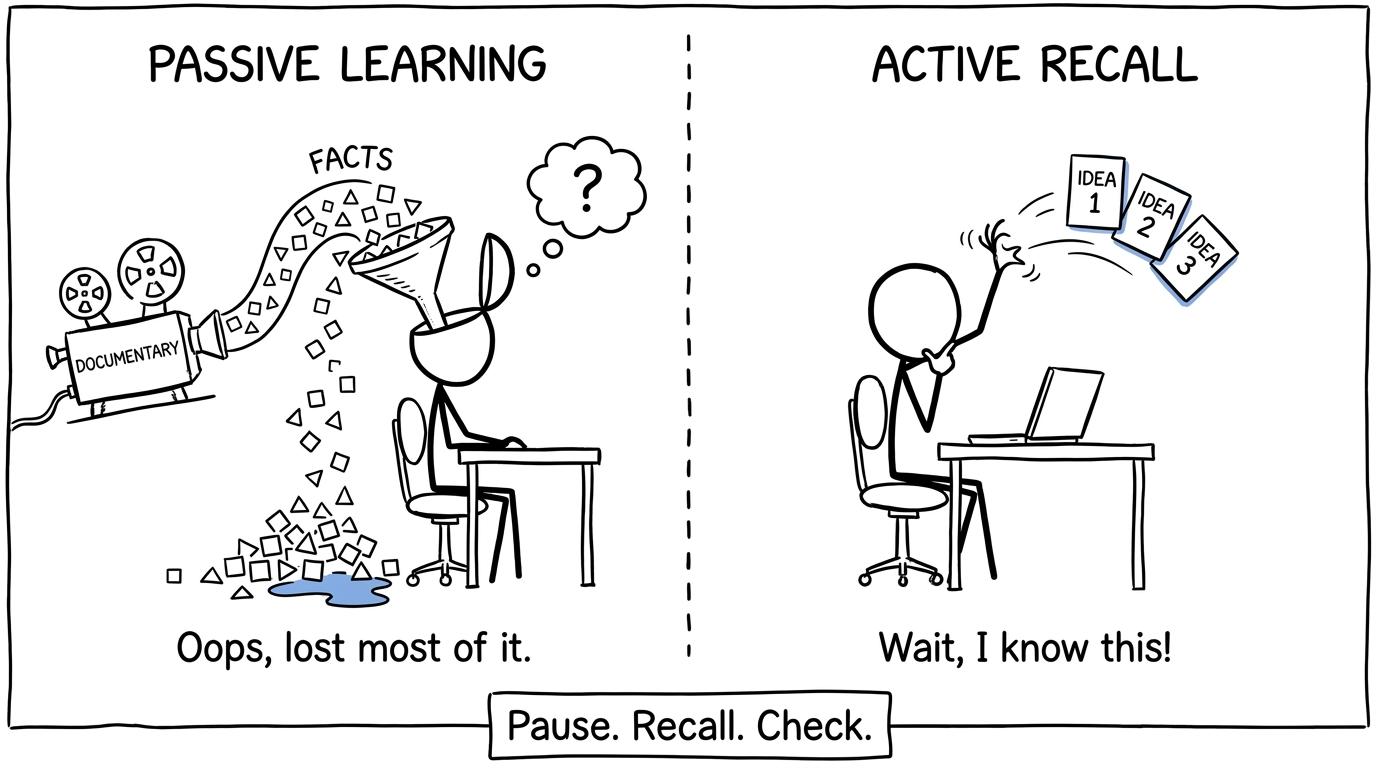 A student uses pause, recall and check to stop documentary facts escaping