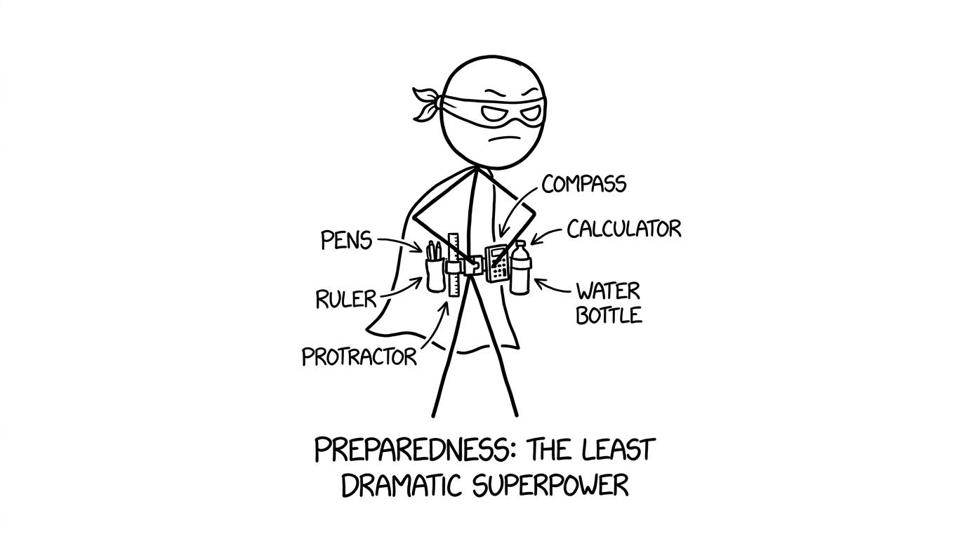 Exam bag packed like a superhero belt