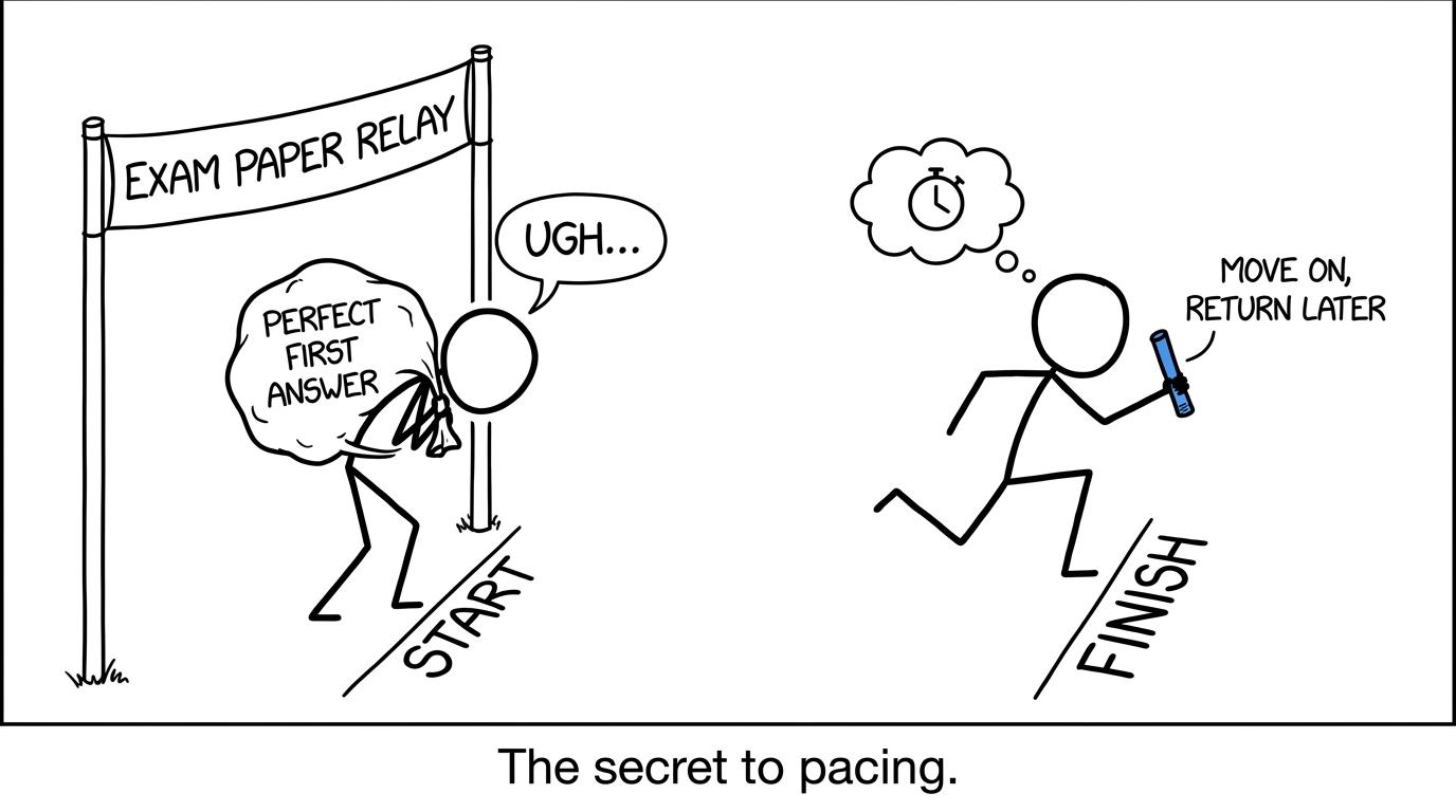One relay runner carries a huge perfect-answer bag while another moves on with a small baton