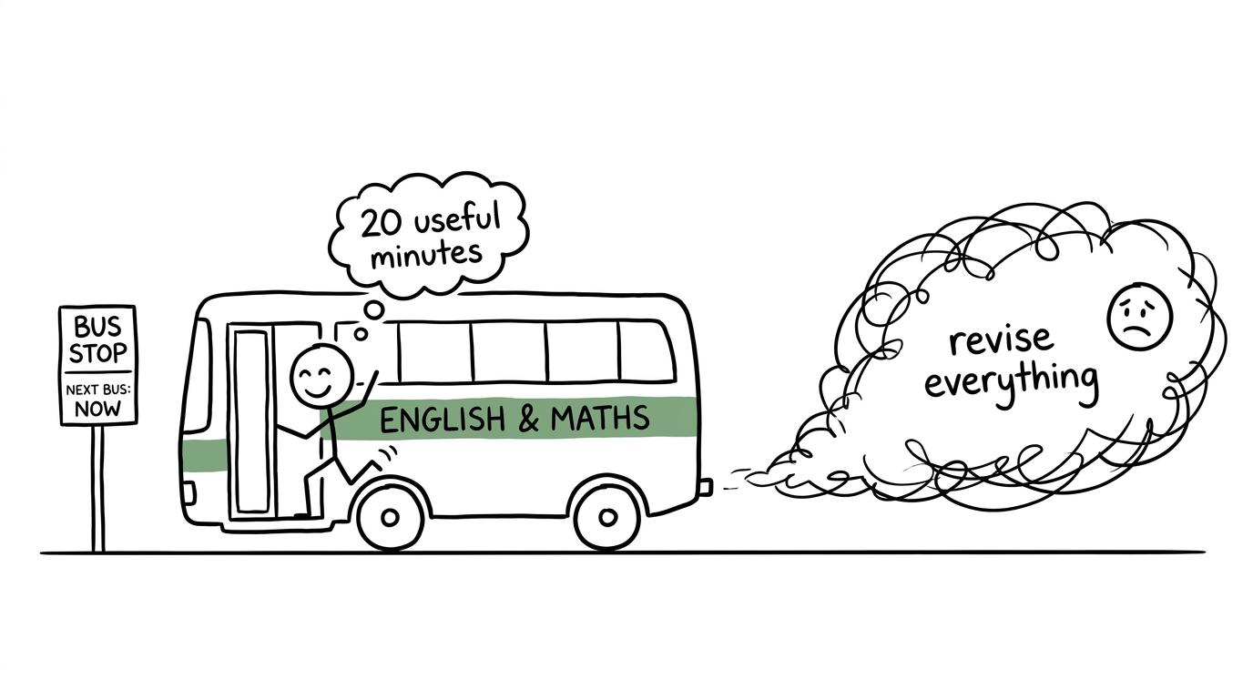 A focused revision task catches the bus while a vague revise-everything cloud misses it