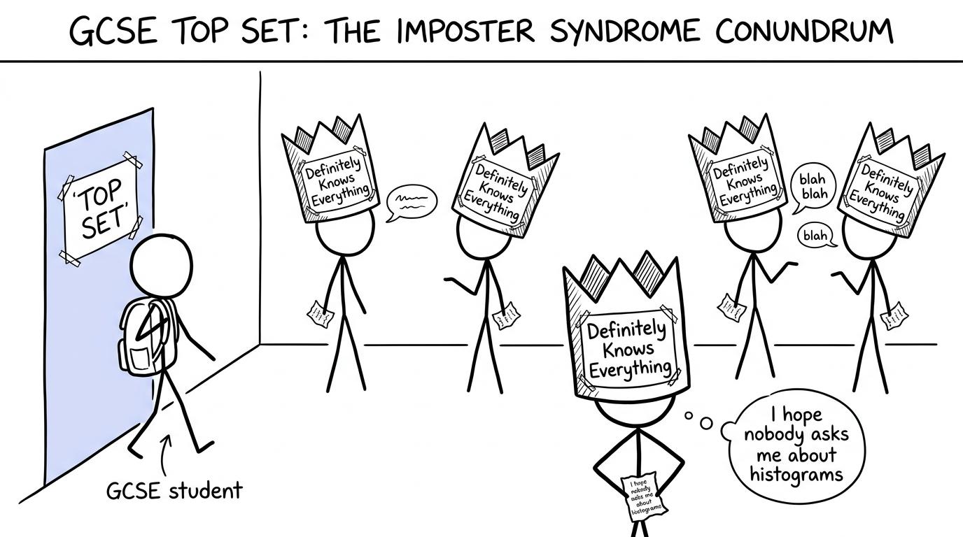 Top-set students wearing confident crowns while privately worrying about histograms