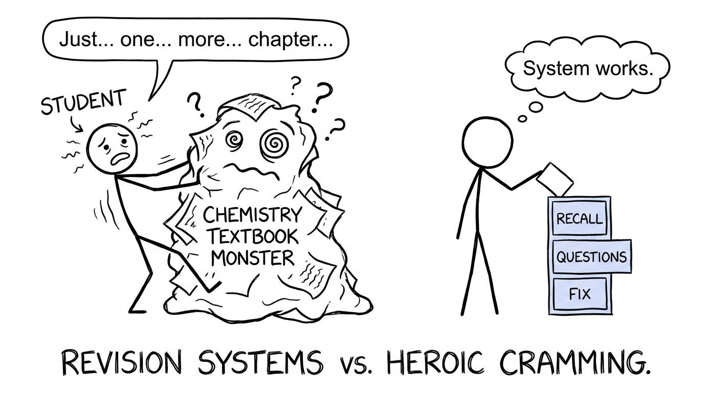 A textbook monster defeated by three small revision drawers labelled Recall, Questions and Fix