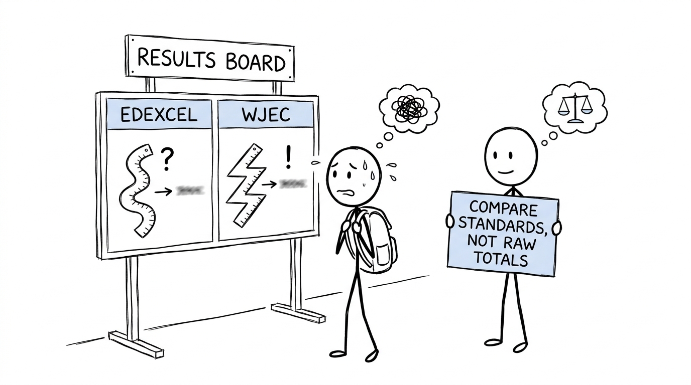 Two exam boards point in different directions while a teacher reminds students to compare standards rather than totals