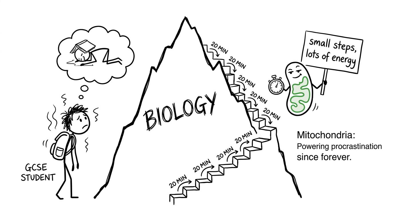 A student discovers that a biology mountain can be climbed using small daily steps