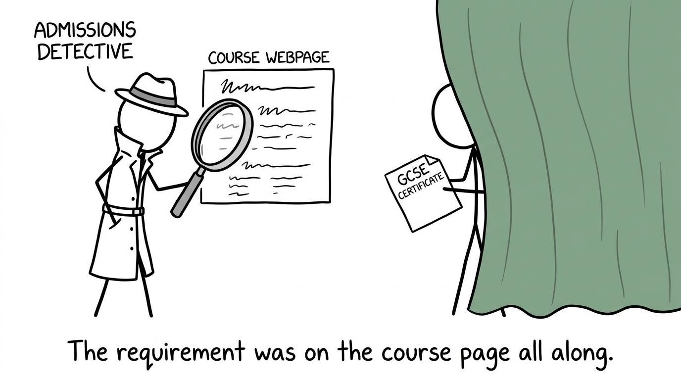 An admissions detective finds the requirement on the course page