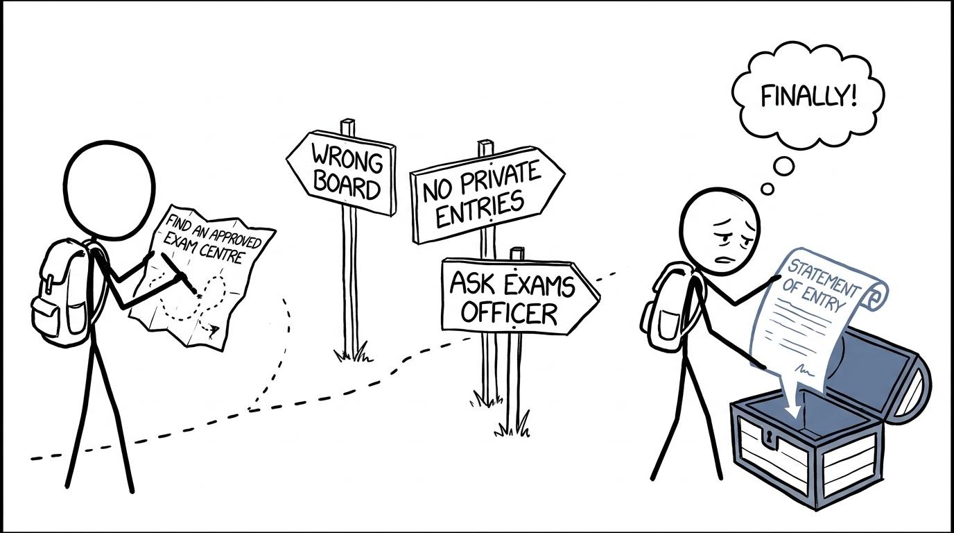 A candidate navigates the search for an approved exam centre