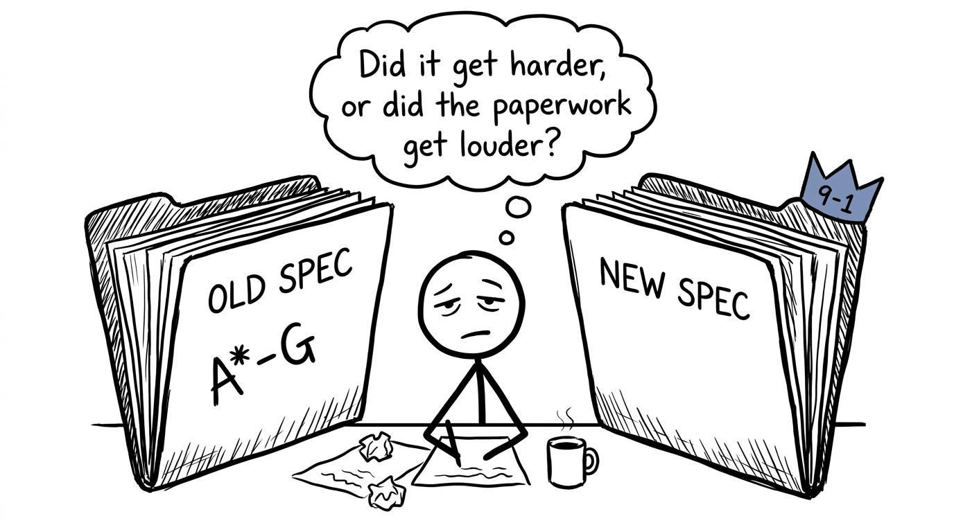 A student comparing the old and new GCSE specification folders
