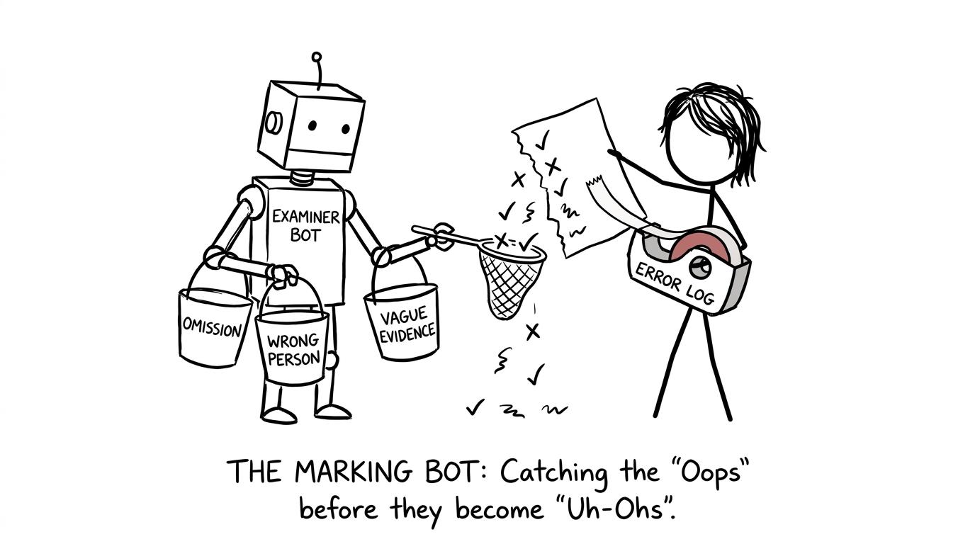 An examiner robot catches escaping marks while a student repairs the paper using an error log