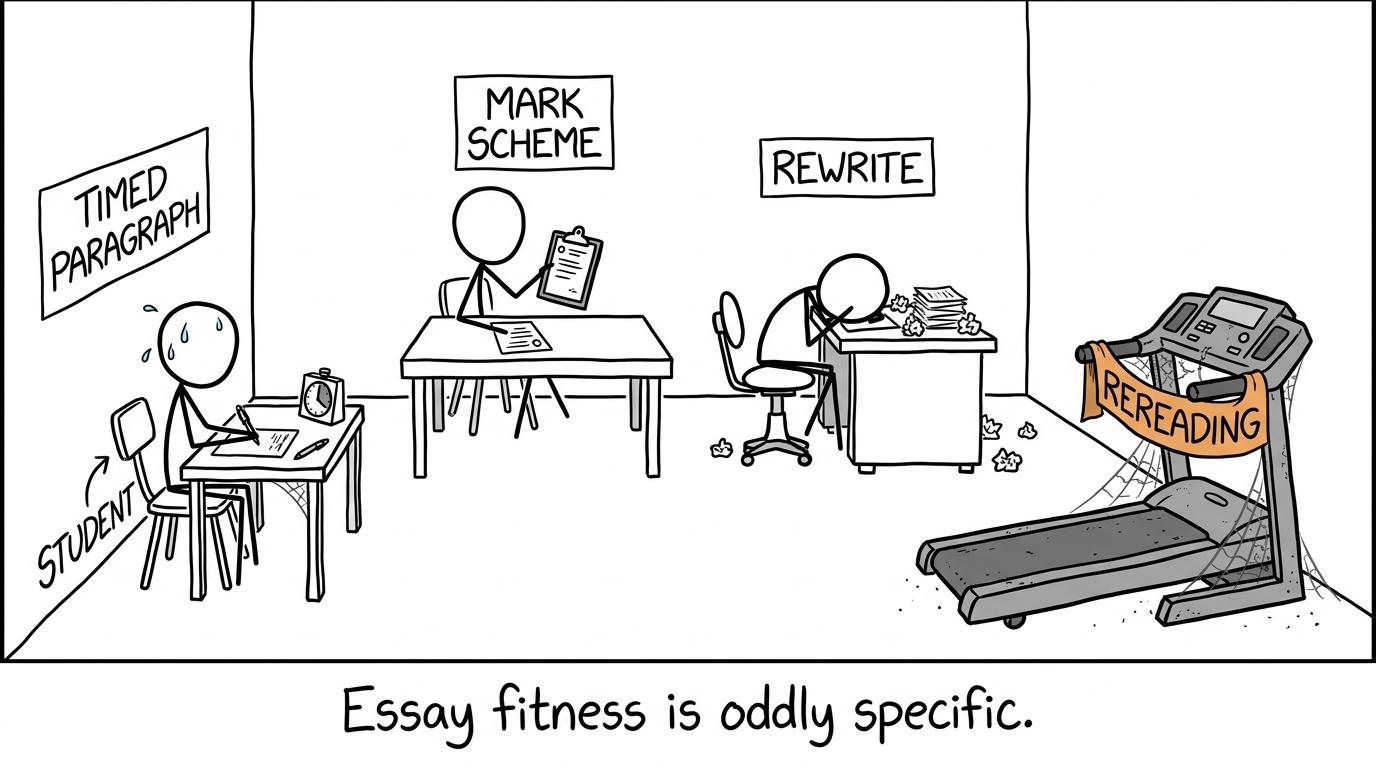 A student trains with timed paragraphs, mark schemes and rewrites