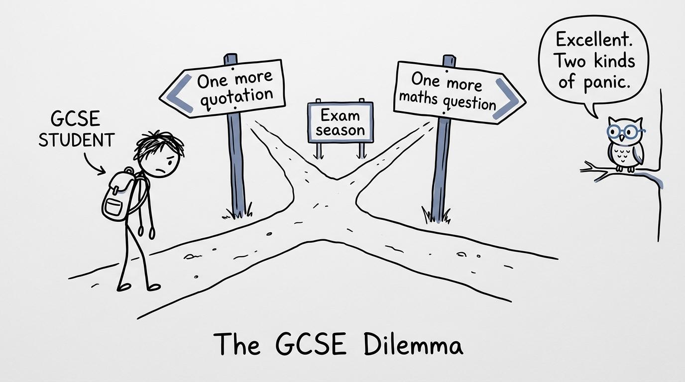 A GCSE student choosing between one more quotation and one more maths question