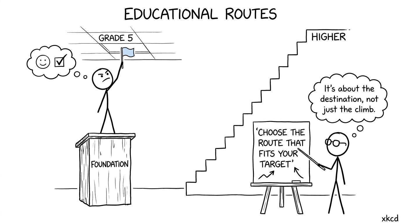 A student reaches the Foundation grade ceiling while a Higher staircase continues