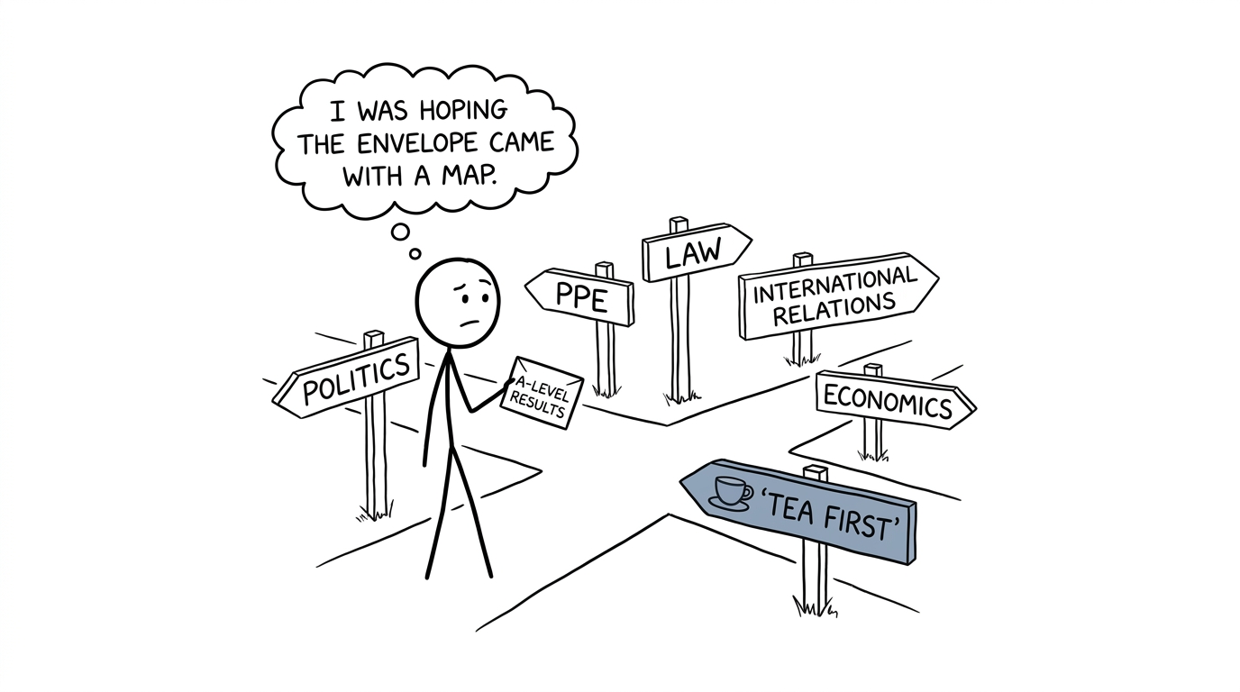 A student facing a humorous crossroads of university courses