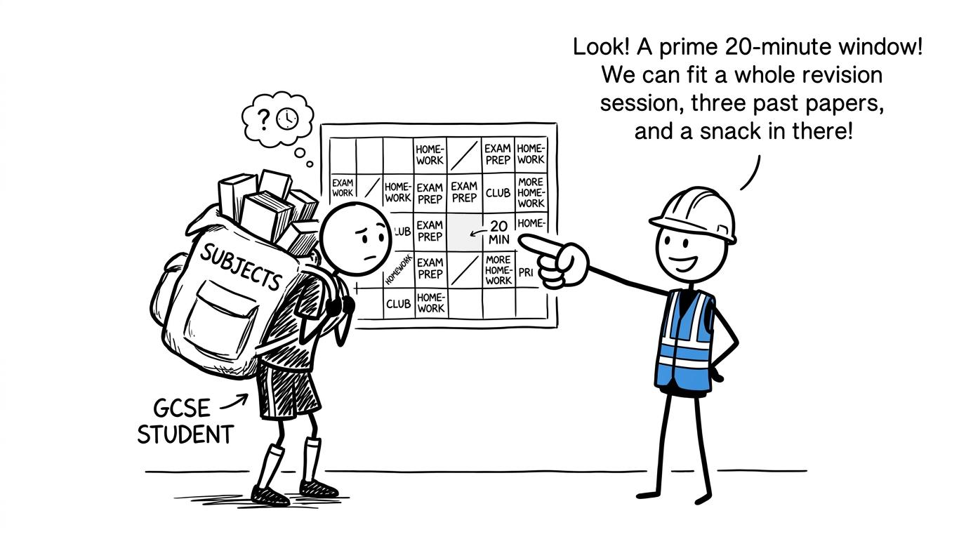 A student discovers that a tiny gap in a crowded calendar can still become useful revision time