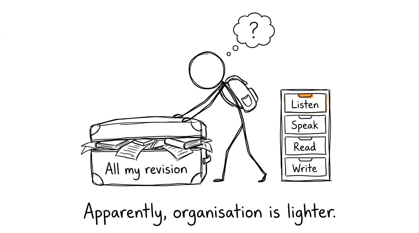 A student organises revision into listening, speaking, reading and writing instead of carrying one enormous suitcase