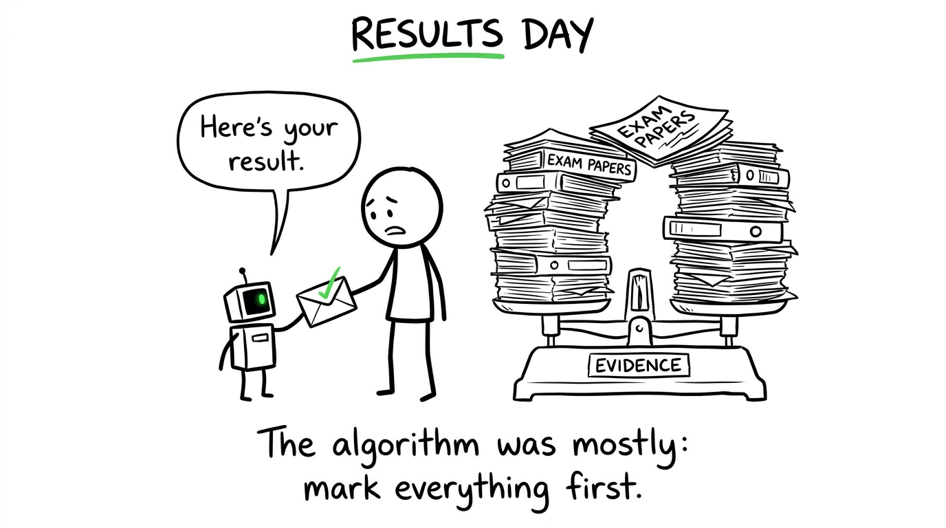 A robot explaining that exam evidence comes before the boundary