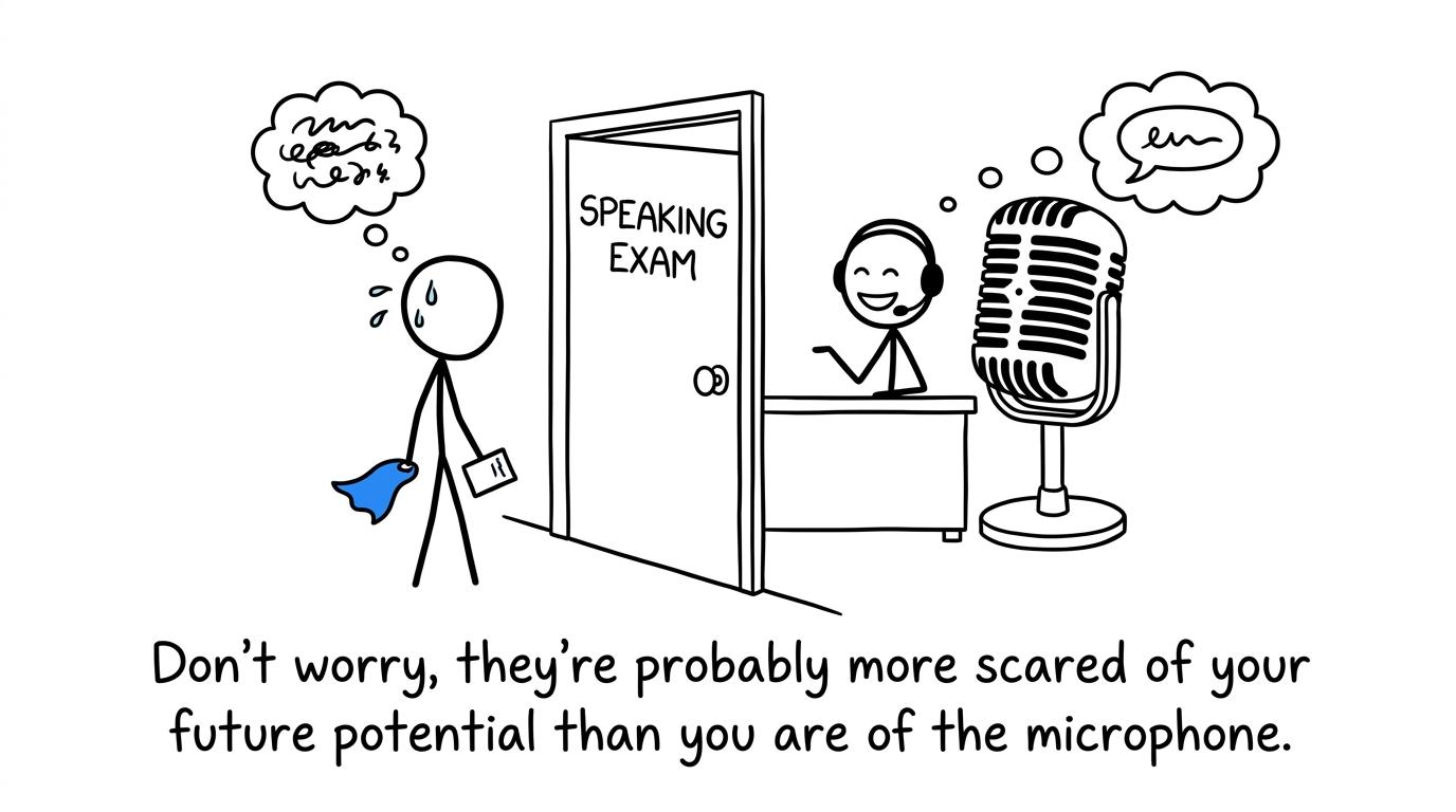 A nervous student discovers that the speaking exam microphone is less frightening than expected