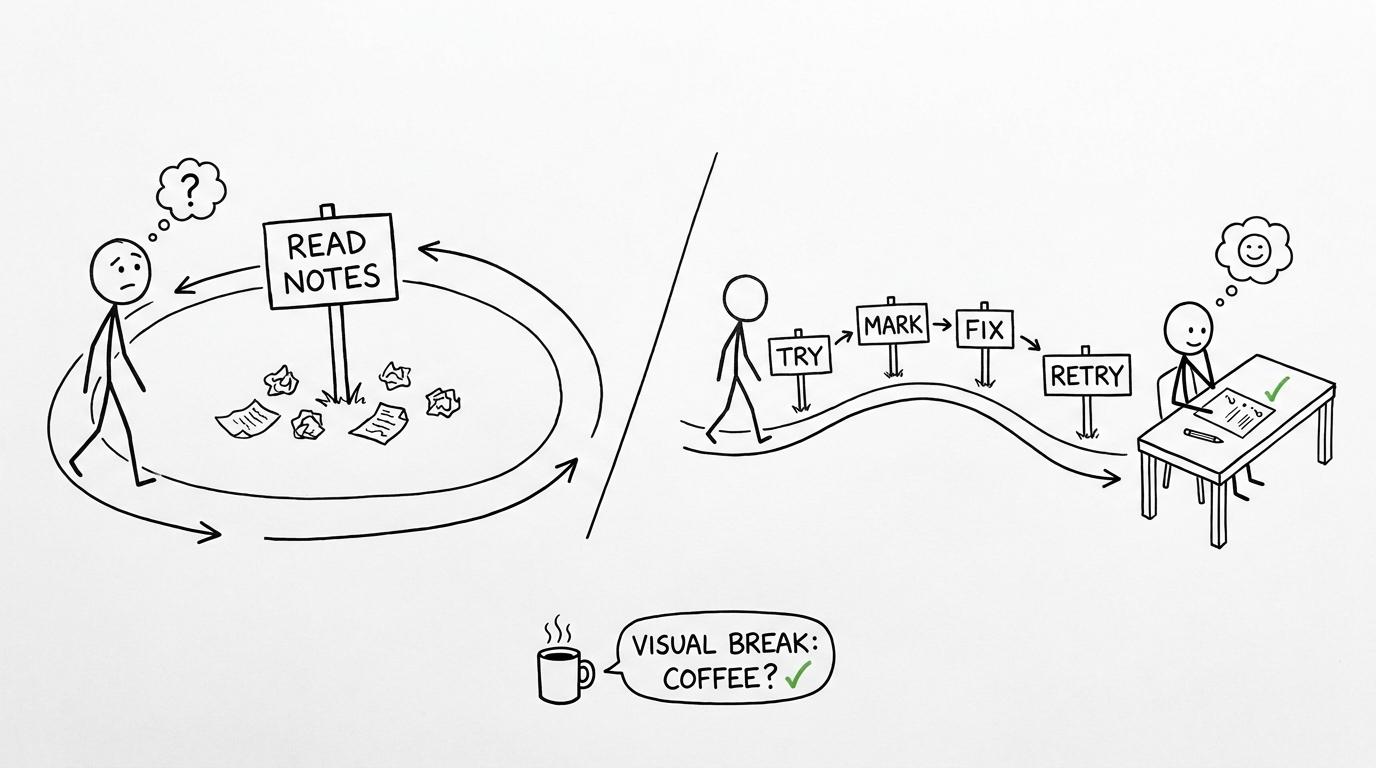 One revision path endlessly rereads notes while the useful path tries, marks, fixes and retries