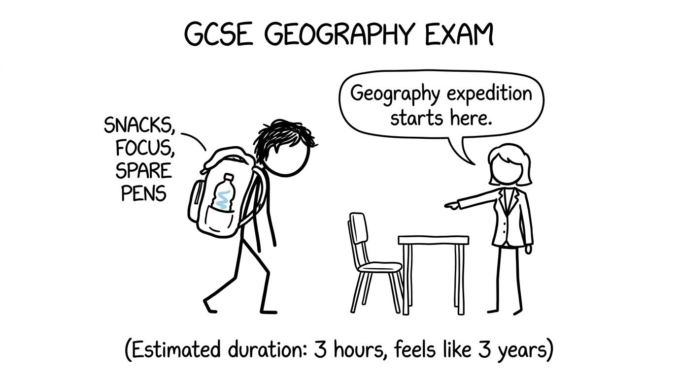 A GCSE student arrives for a geography exam carrying an expedition-sized revision backpack