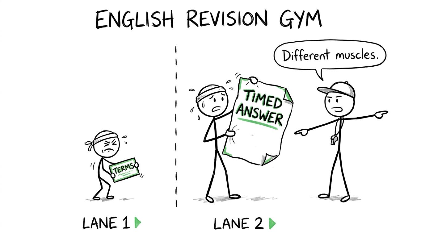 Two students train different revision muscles with flashcards and a timed written answer