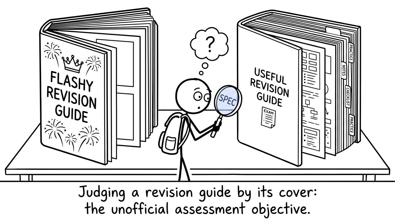 A student inspecting revision guides with a specification magnifying glass