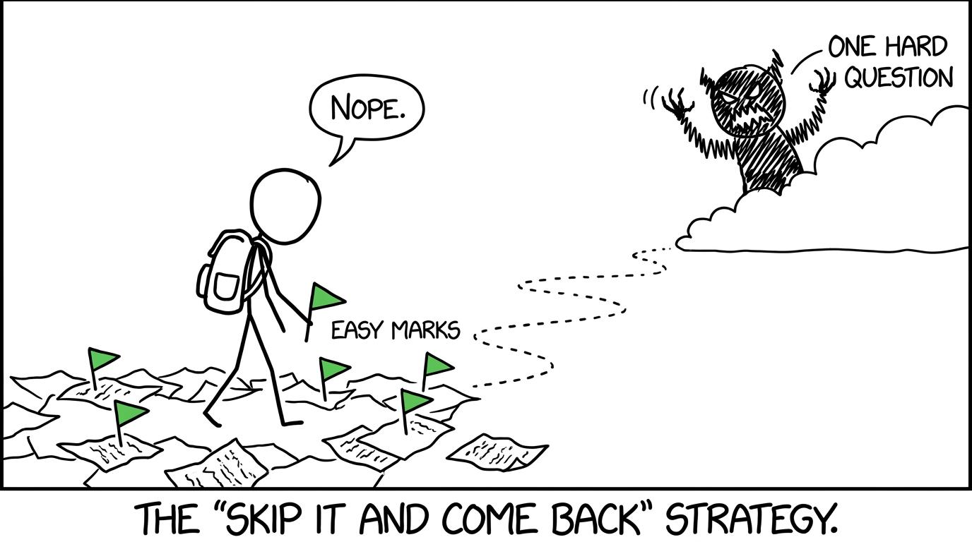 A student calmly collects easy marks while one dramatic hard-question monster waits in the distance