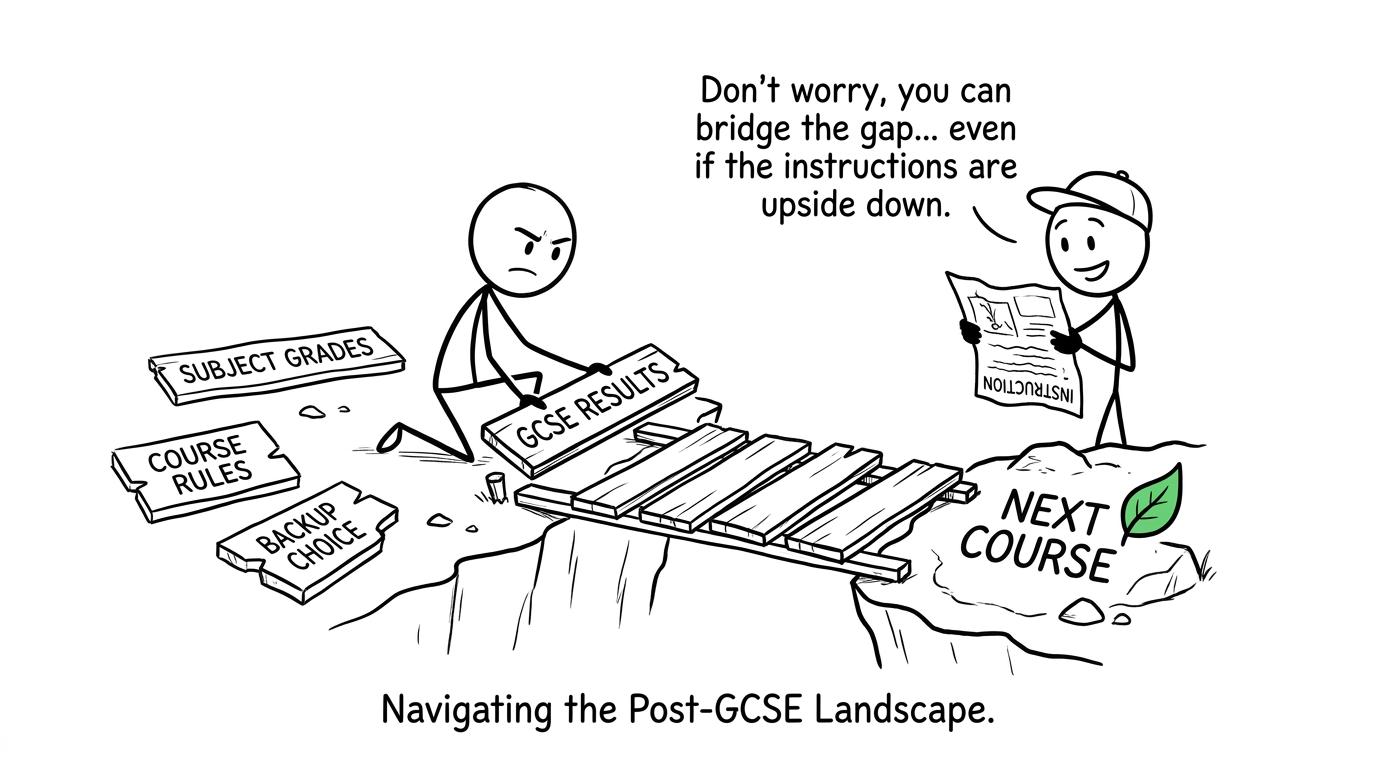 A student assembles subject grades and course rules into a bridge towards the next course