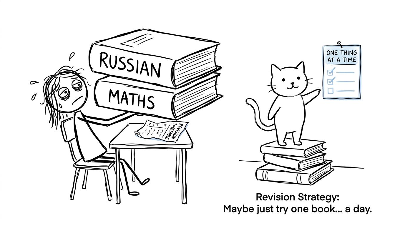 A student balances Russian and maths revision one task at a time