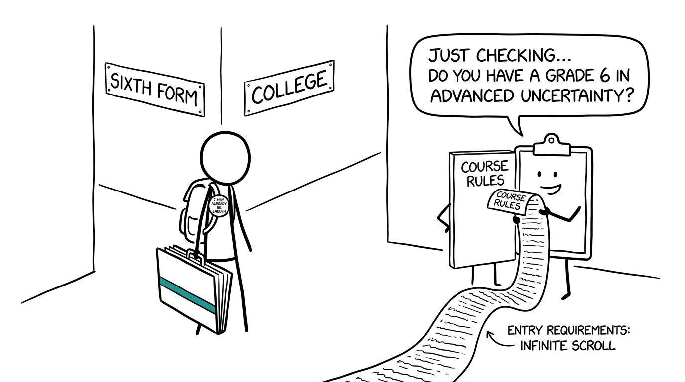 A student choosing between sixth form and college while an admissions checklist studies their grade