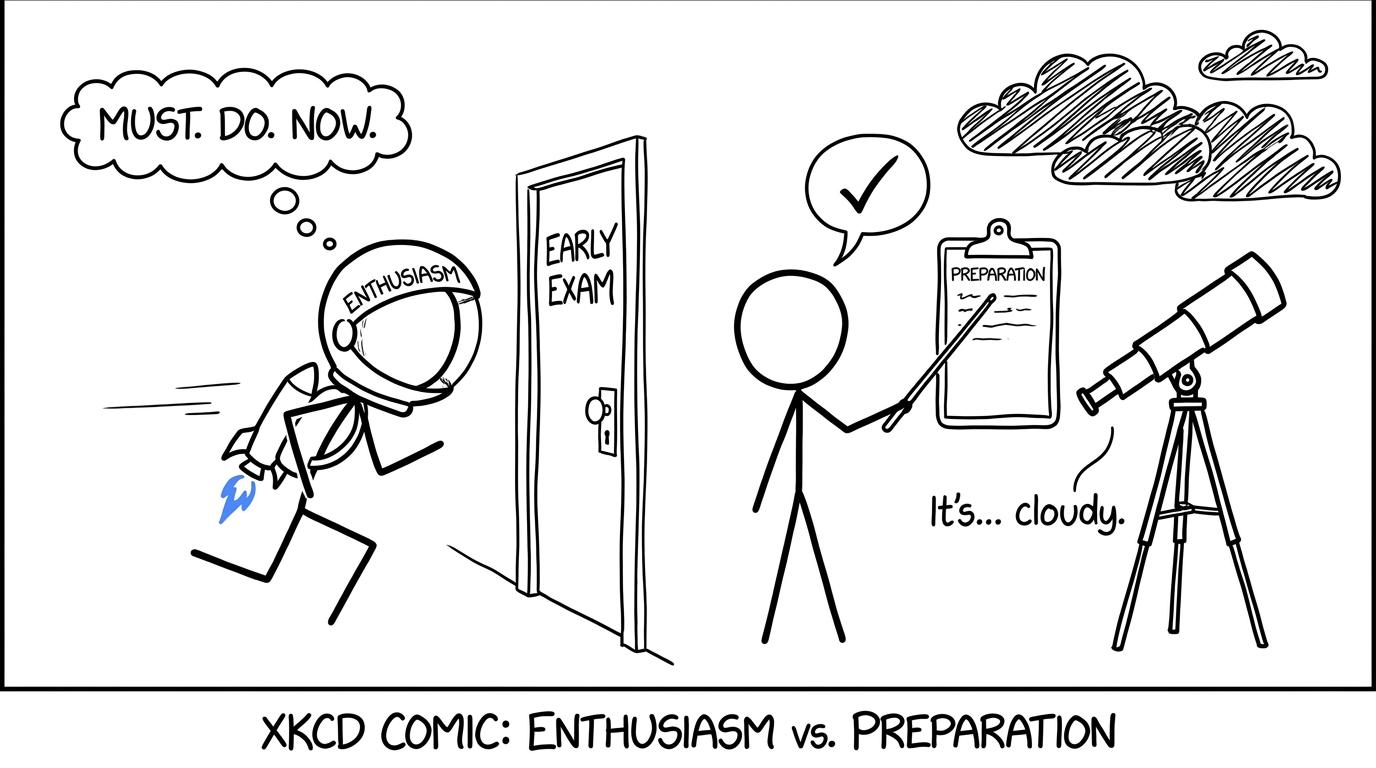 A keen student races towards an early exam while a teacher points to the preparation checklist