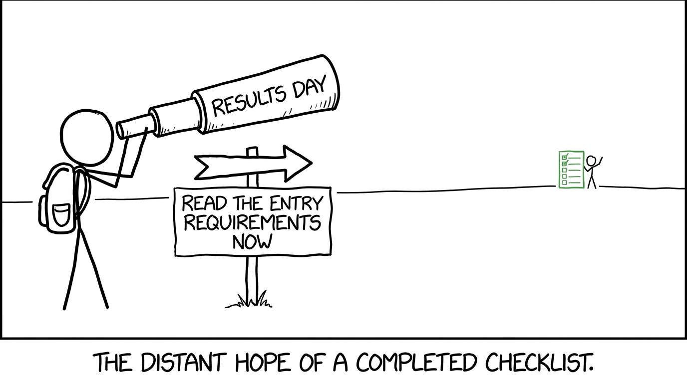 A student looks towards results day while the entry requirements sit helpfully beside them